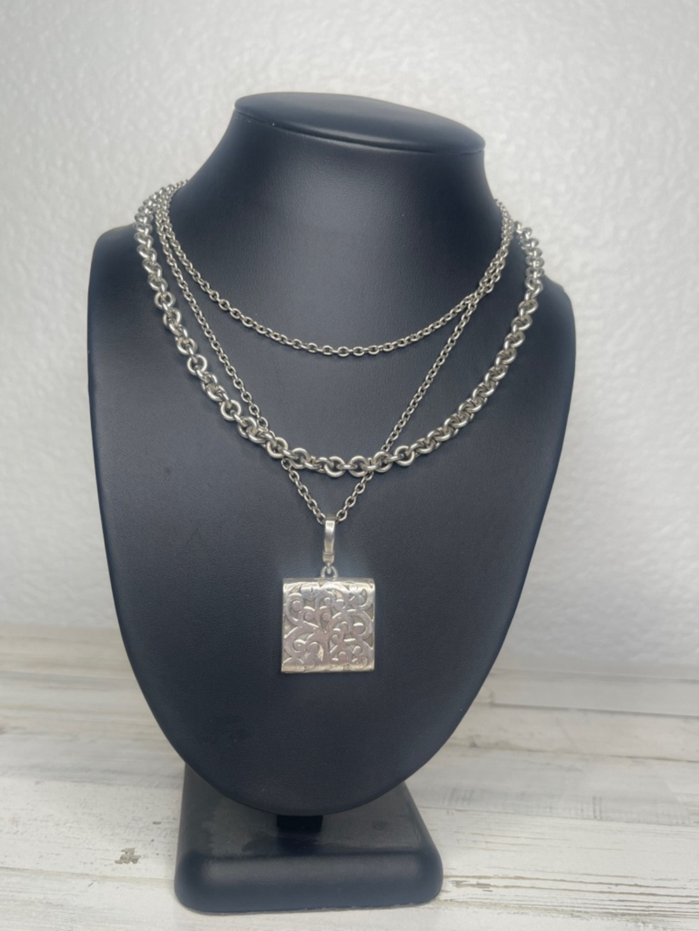 Lois Hill Sterling Silver Triple Chain Layered Pendant Necklace Toggle